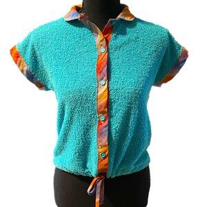 Fab 1970s terry cloth button-up top with plaid trim